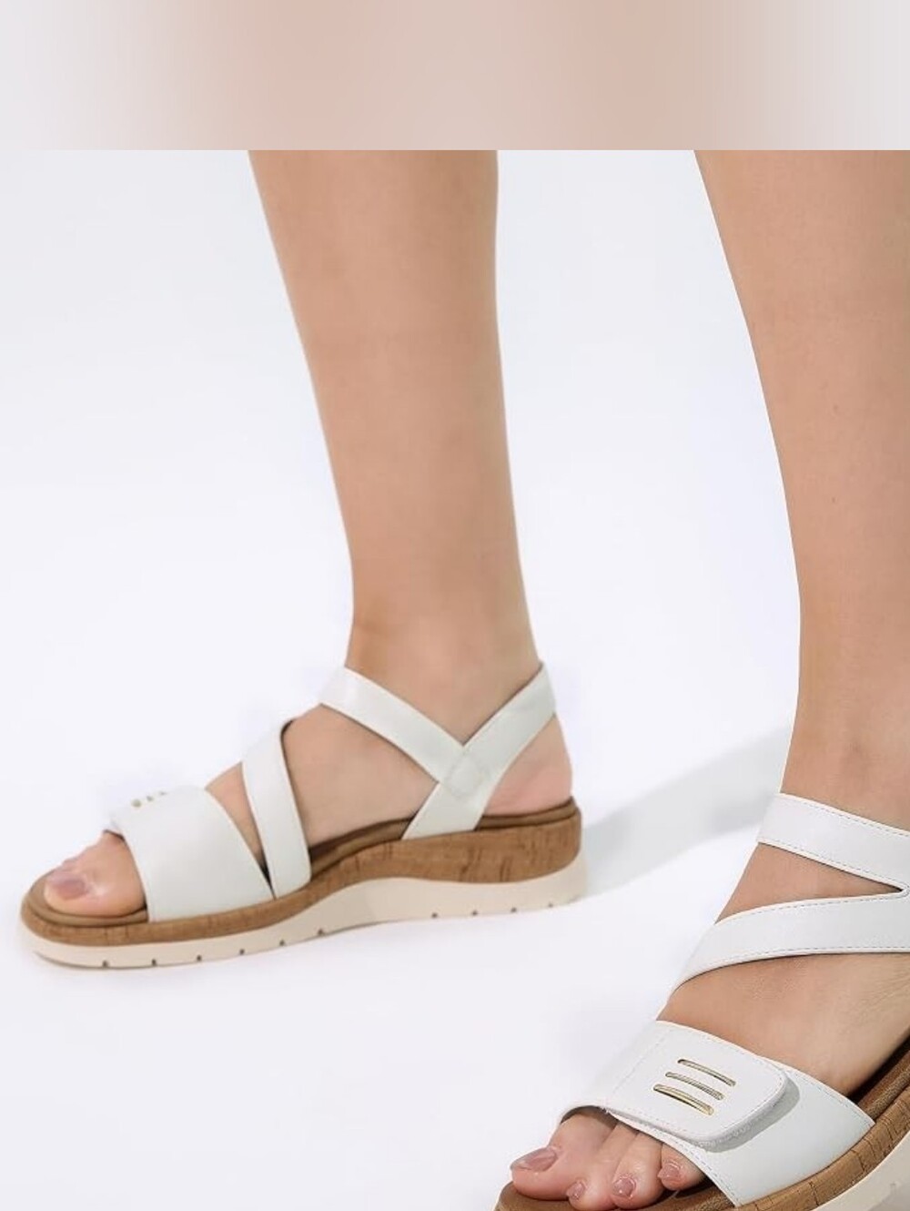 Women's Stylish Classic White Strappy Low Wedge Walking Sandals Arch Support, 6